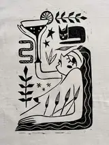 Close-up of the hand-pressed Me Time print on cotton