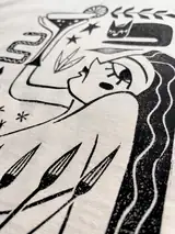 Detail of the Me Time print on a off-white T-shirt
