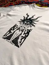 Close-up of the hand-pressed New Sight print on cotton