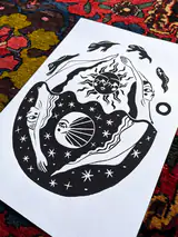 The In Cycles linocut printed on paper