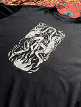 Close-up of the hand-pressed Sacred Dance print on cotton