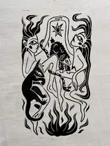 Close-up of the hand-pressed Sacred Dance print on cotton