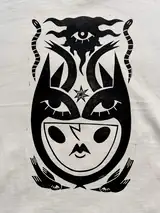 Detail of the In Embrace of Thoughts print on a off-white T-shirt
